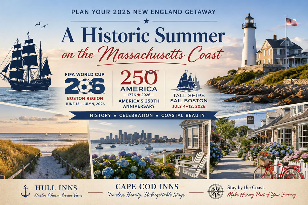 Historic-Summer-Cape-Cod-Hull-By-the-Sea 2026 World Cup Games, America's 250 Anniversary Celebration, Tall Ships Boston Bay